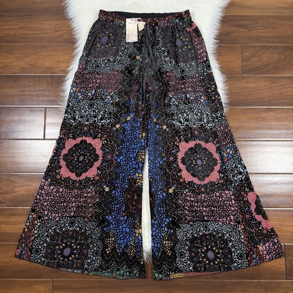 Johnny Was Size XS Black Axelle Burnout Velvet Patchwork Wide‎ Leg Pull On Pants